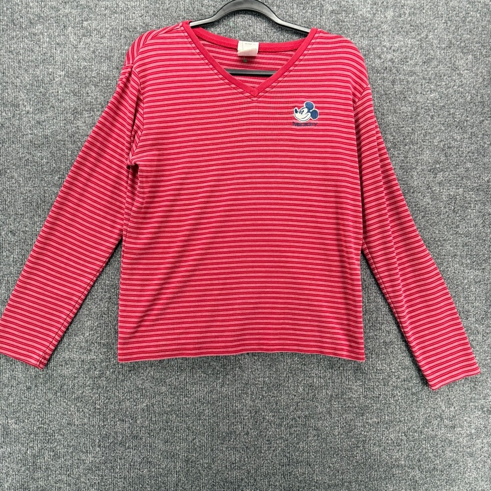 Vintage 90s Disney Shirt Womens XL Mickey Mouse Patch Red Striped Long Sleeve